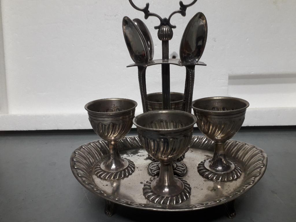 APART ANTIEK VERZILVERD EIERSTEL met de ORIGINELE LEPELS, Antiek en Kunst, Ophalen of Verzenden