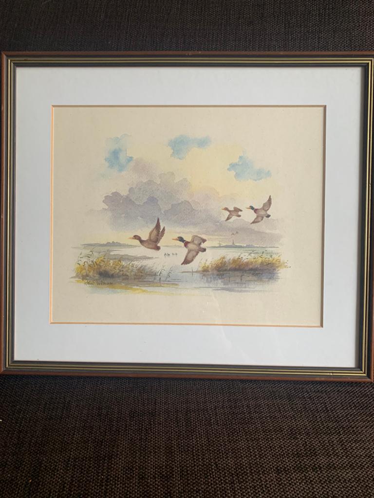 Schilderijtje eenden in de lucht van Reint  Withaar, Antiek en Kunst, Ophalen of Verzenden