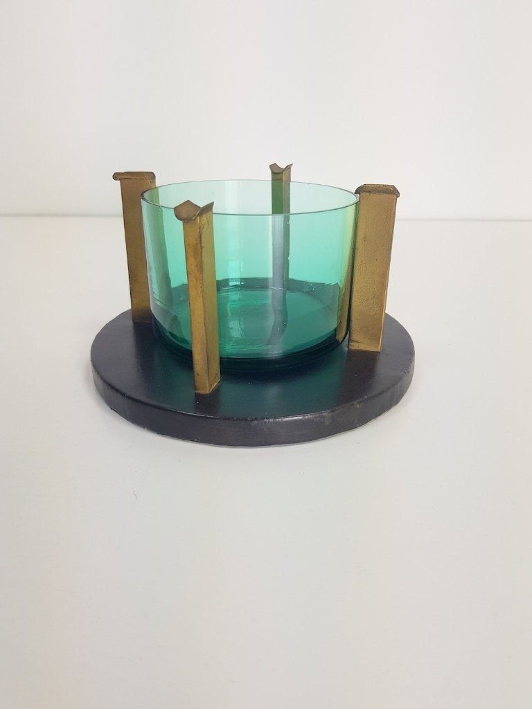 Vintage art deco asbak kristal messing leer mid century, Verzamelen, Ophalen of Verzenden, Zo goed als nieuw, Asbak