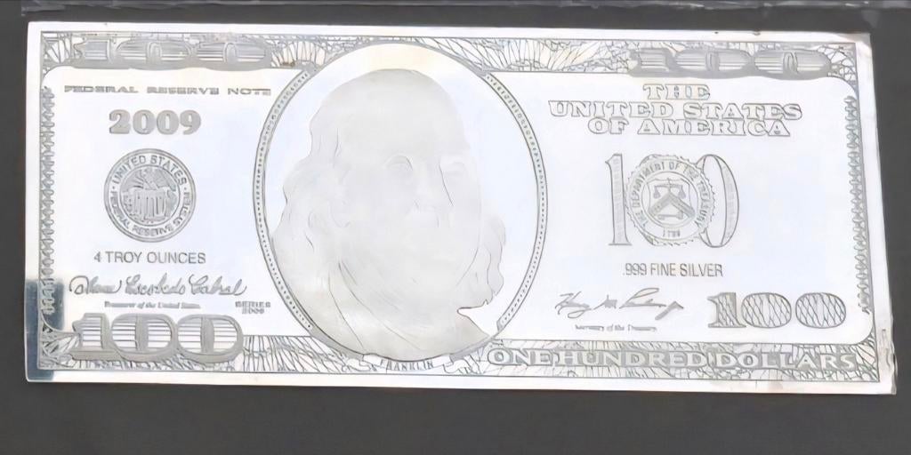 Zilveren Baar 4 Troy Ounce $100 Bankbiljet 99.9% Puur, Postzegels en Munten, Edelmetalen en Baren, Ophalen of Verzenden