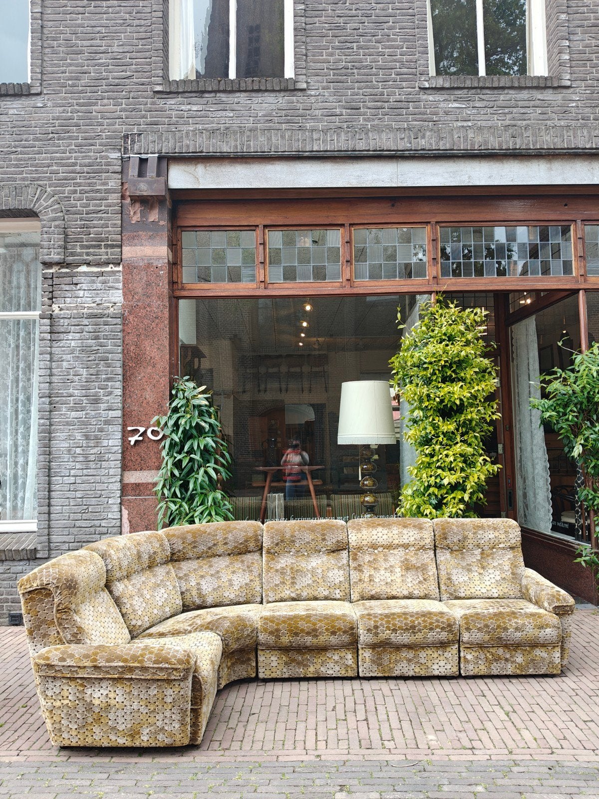V vintage elementenbank x5 delen 'schubbenpatroon, groen., Huis en Inrichting, Banken | Bankstellen, Ophalen, Gebruikt, 75 tot 100 cm