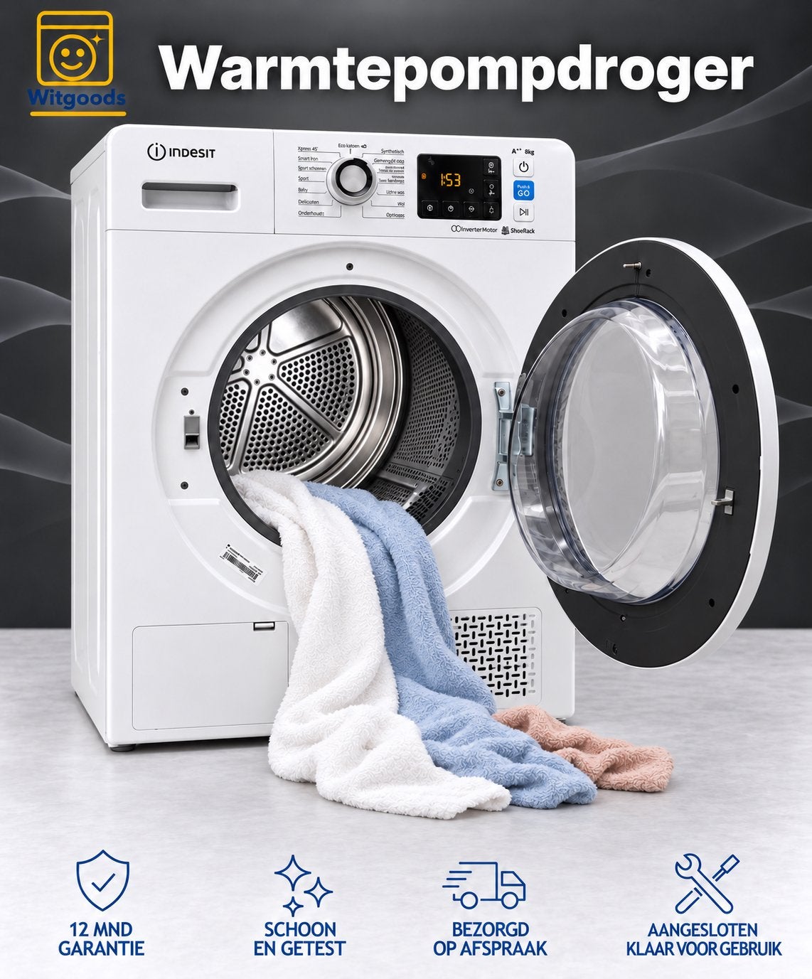 SUPERZUINIG! INDESIT 8KG A+++ WARMTEPOMPDROGER | PUSH & GO