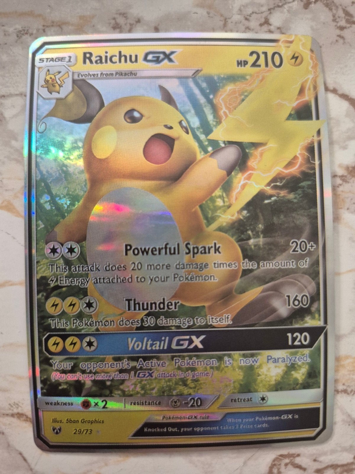 Raichu GX Pokémon Kaart - Full Art Holo 29/73, Ophalen of Verzenden, Zo goed als nieuw, Losse kaart, Foil