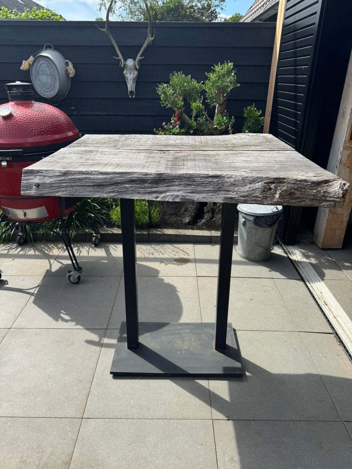 Bartafel/statafel met boomstam tafelblad, Tuin en Terras, Tuintafels, Ophalen of Verzenden, Gebruikt, Rechthoekig, Hout