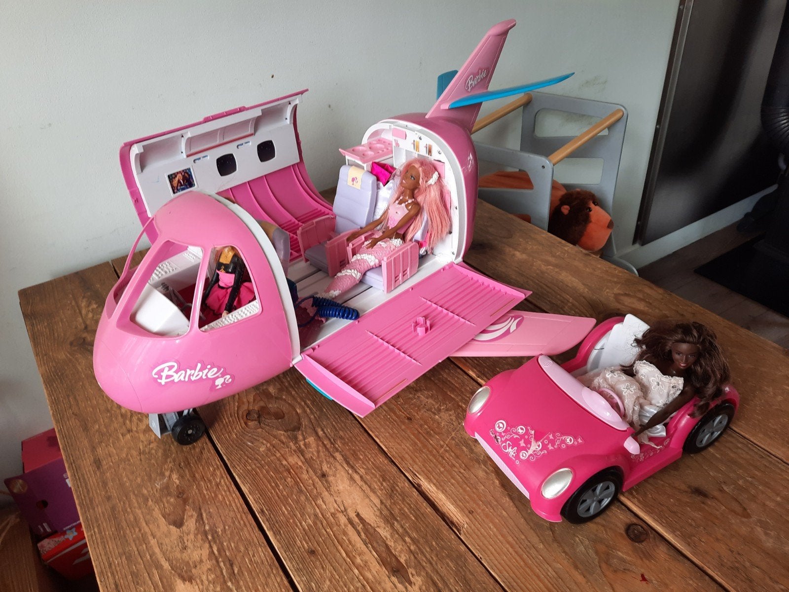 Barbie vliegtuig, auto en 3 poppen, Ophalen, Gebruikt, Barbie