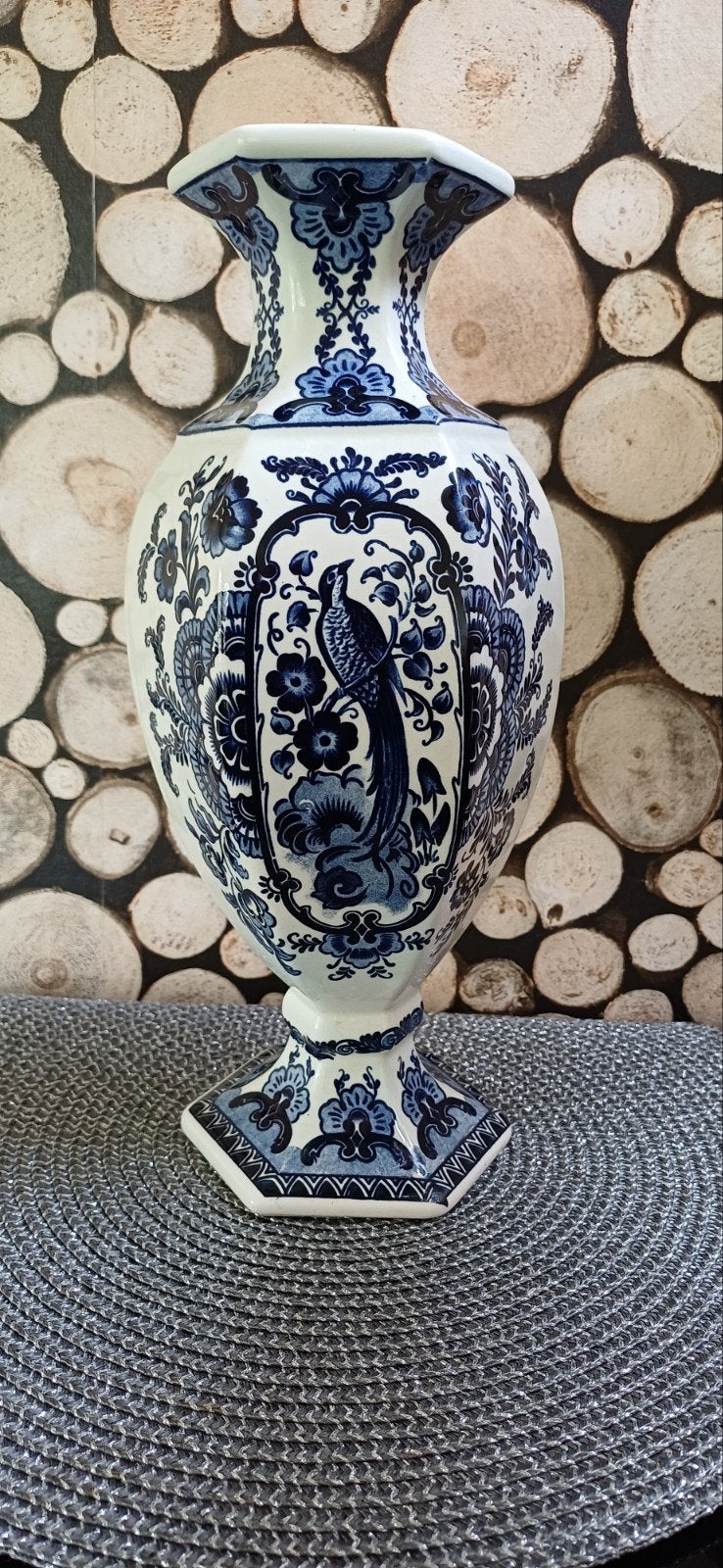 Prachtige Delfts Blauwe Vaas met Pauwdecoratie, Ophalen of Verzenden