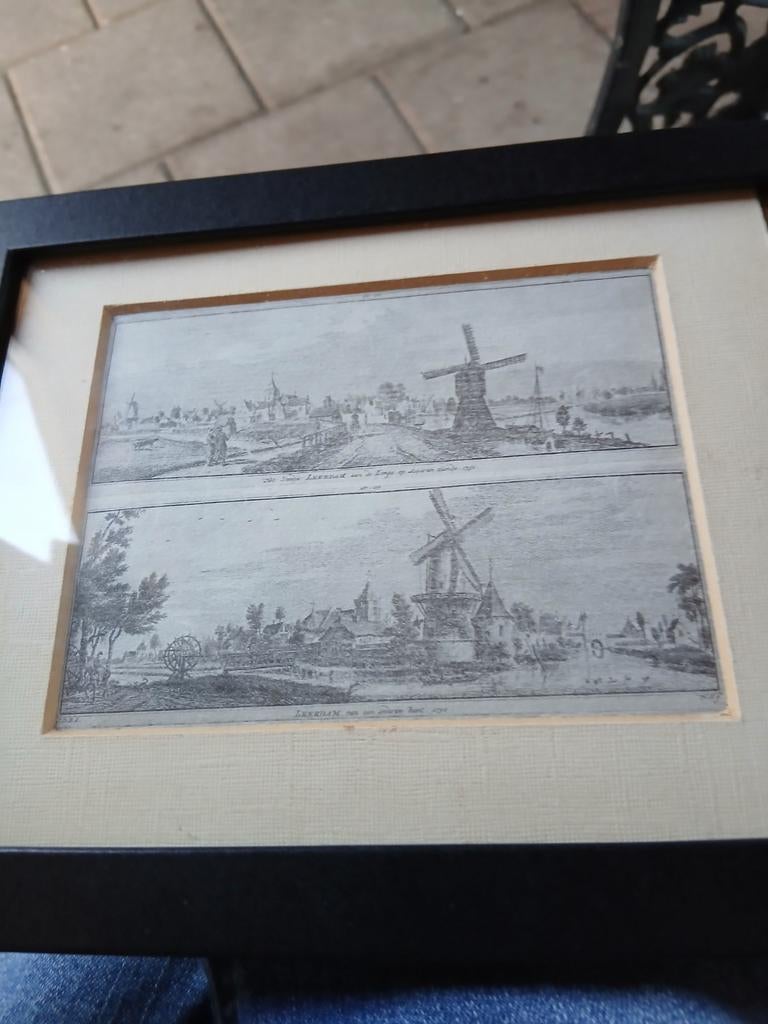 Twee gezichten op Leerdam, Schildeij, ca. 1750, Antiek en Kunst, Kunst | Etsen en Gravures, Ophalen, Stadsgezicht, Gravure, Ingelijst