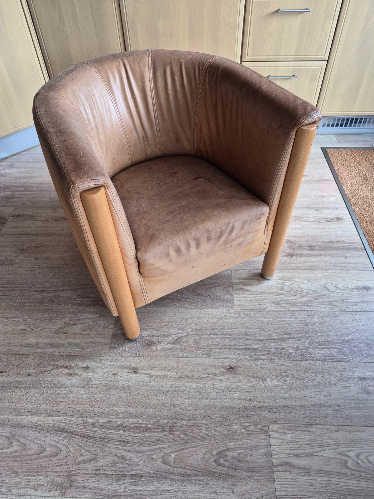 Bruin leren fauteuil Jan de Bouvrie, Ophalen, Gebruikt, 75 tot 100 cm, 50 tot 75 cm