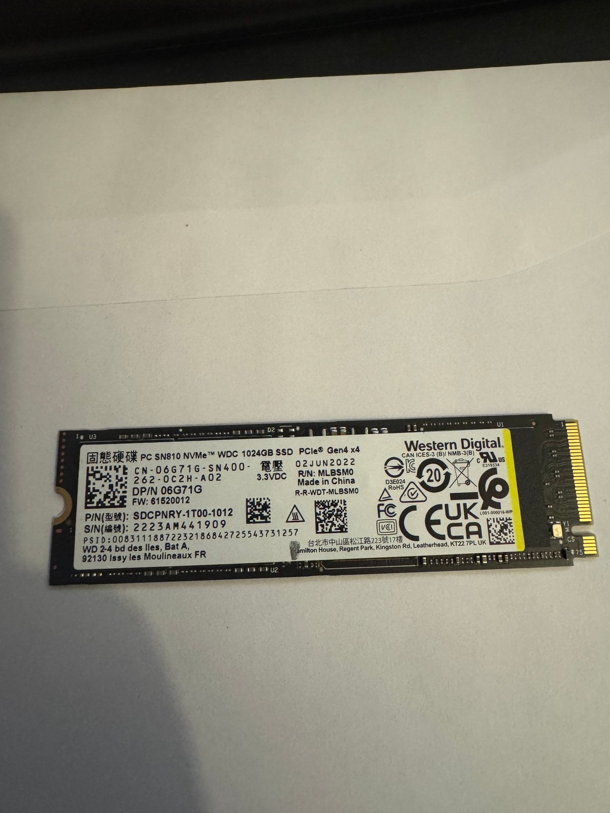 1 TB SSD M.2 NvMe SN810  WD, Computers en Software, Harde schijven, Intern, SSD, Refurbished, Desktop