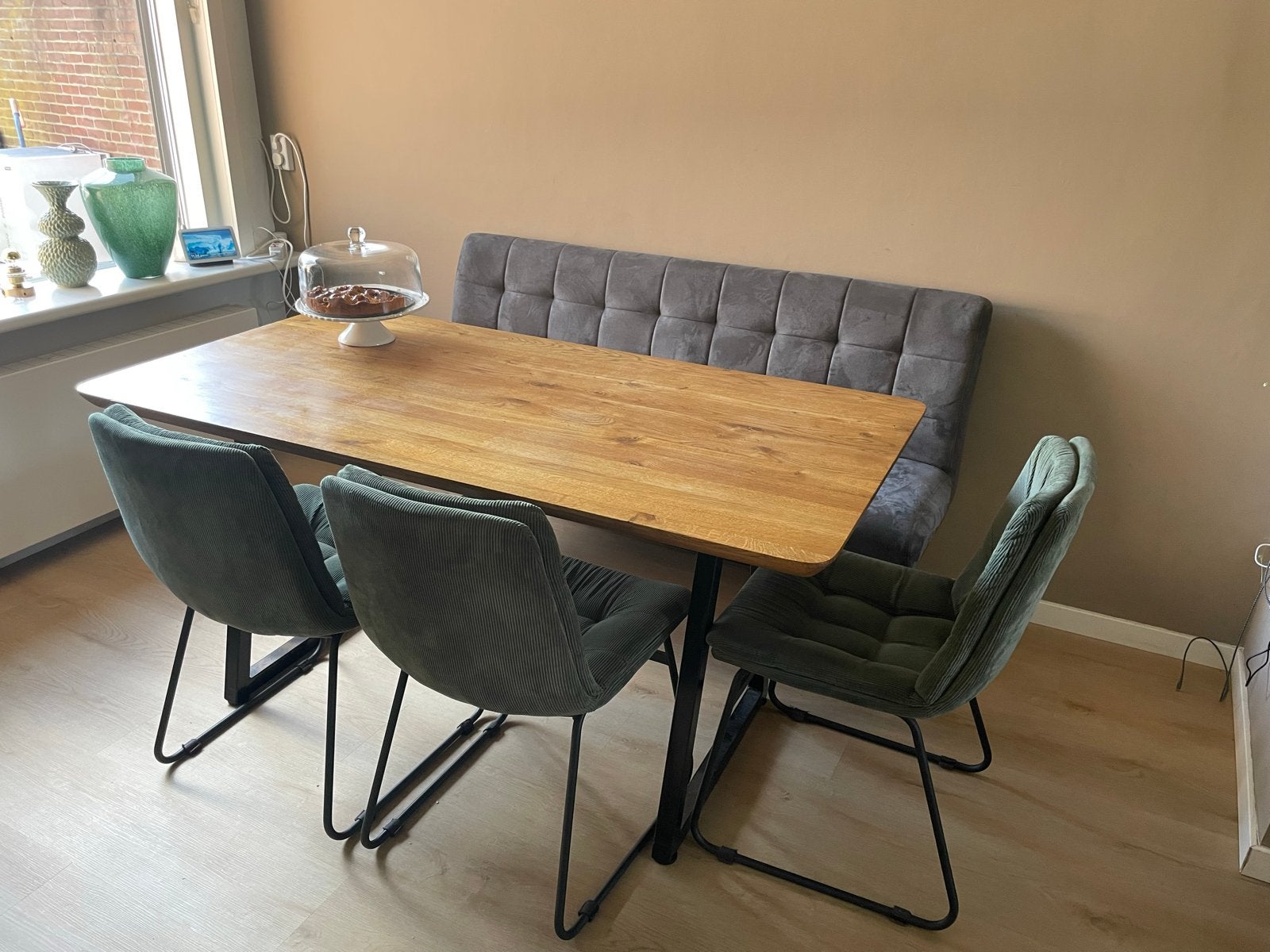 Eiken eettafel met 3 stoelen en bankje, Huis en Inrichting, Ophalen, Eikenhout, 50 tot 100 cm, Zo goed als nieuw