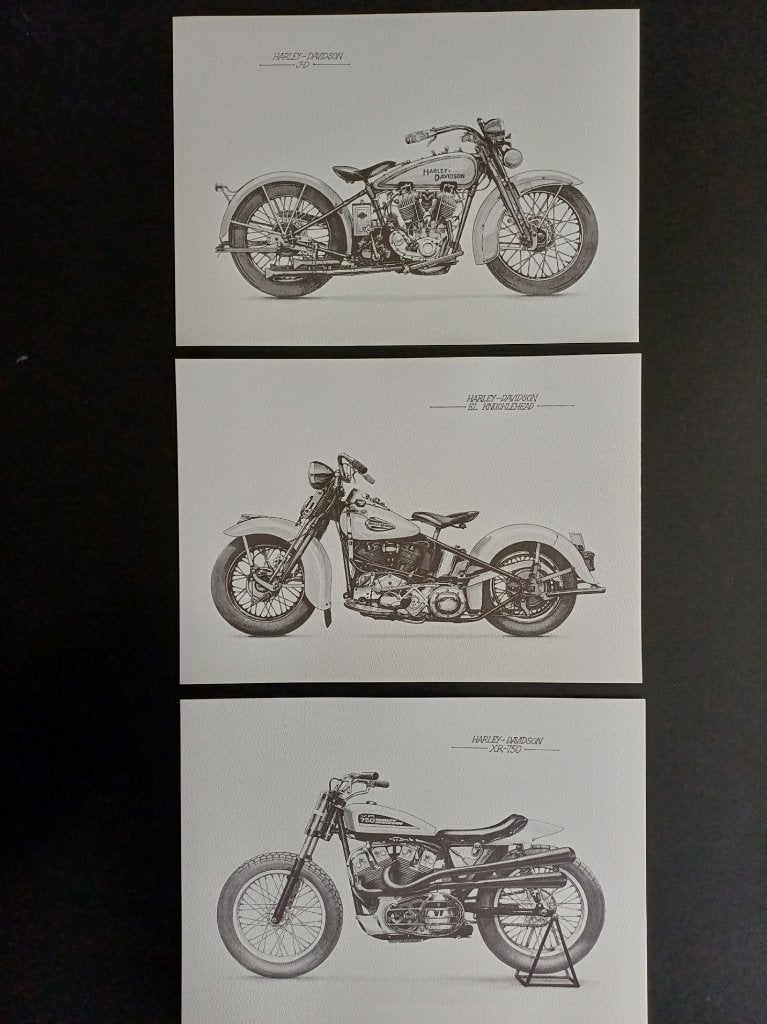 Reclame tekening set van 3 Harley-Davidson vintage USA, A4 of kleiner, Rechthoekig Liggend, Nieuw, Ophalen of Verzenden