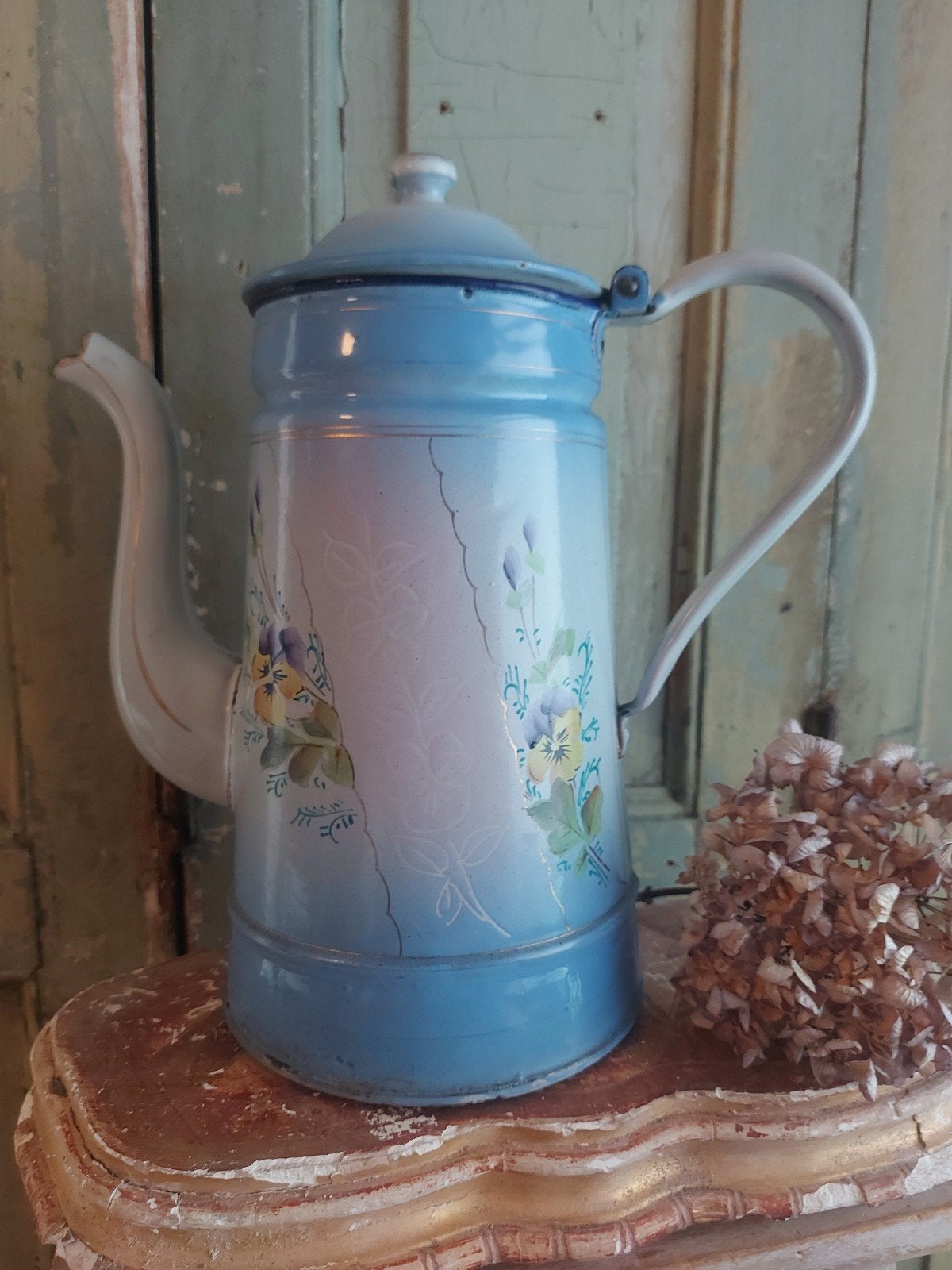 Antieke emaille koffiekan met viooltjesdecoratie, 28 cm, Ophalen of Verzenden