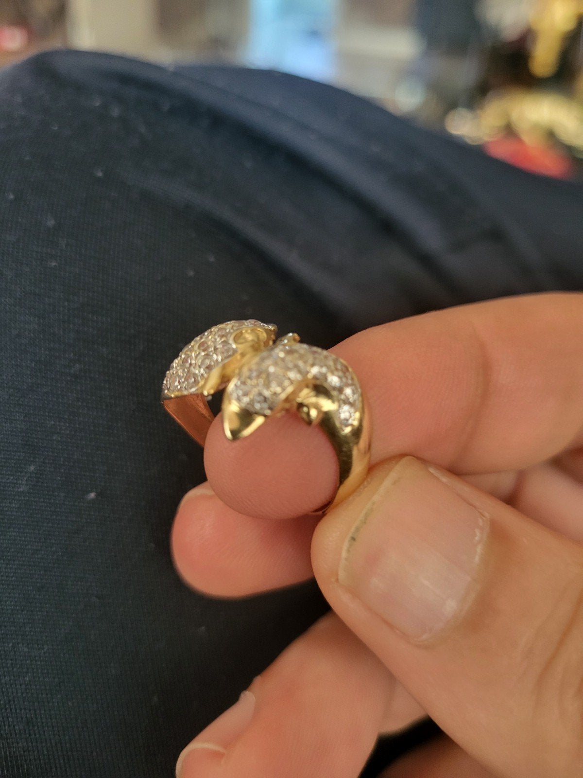 14k Gouden Dolfijnen Ring met Diamant geslepen cirkonen - 3., Gebruikt, Ophalen of Verzenden, Met edelsteen, Dame