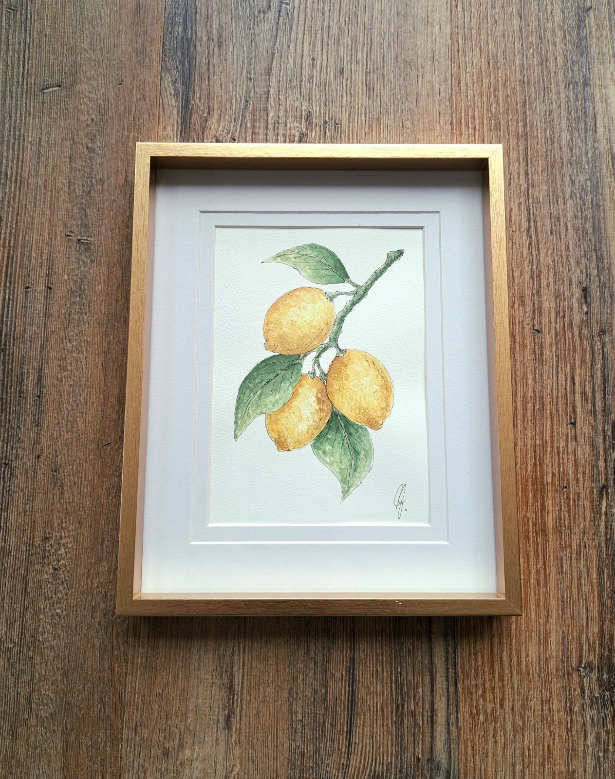 Origineel aquarel citroenen | Inclusief lijst frame, Bloemen, Achter glas, Ophalen of Verzenden, Aquarel