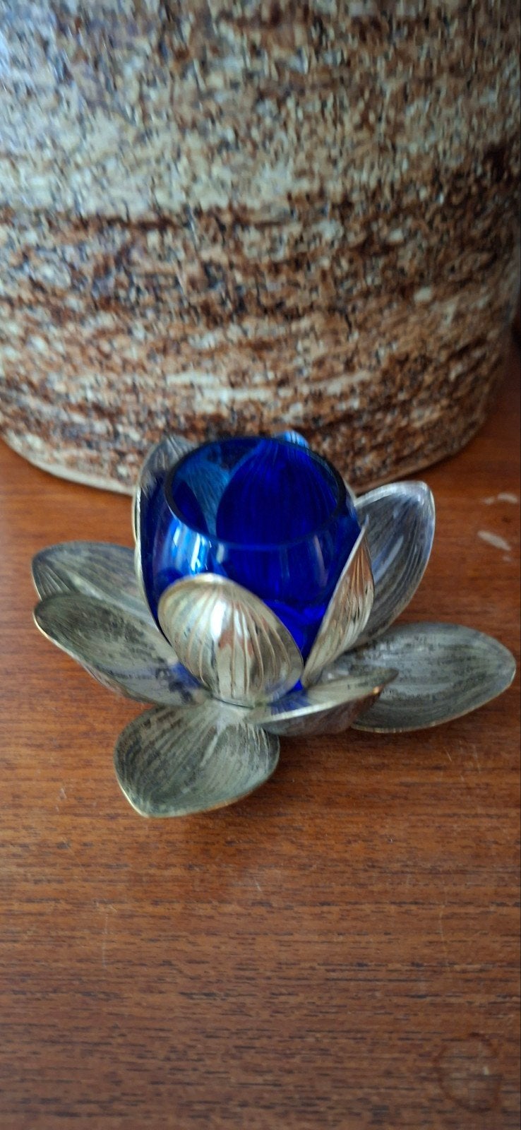 vintage zilverkleurige lotus bloem met blauw glas., Ophalen of Verzenden