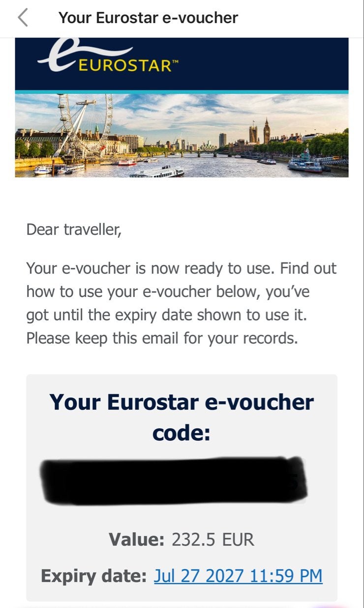 Eurostar Voucher 232,50 €, Eén persoon, Vliegtuig
