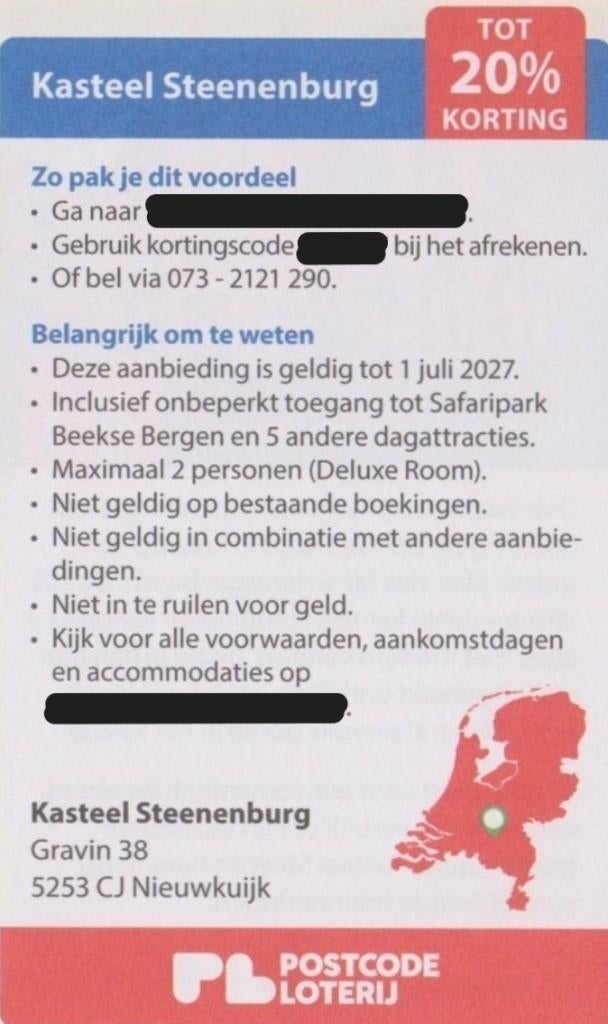 Kasteel Steenenberg. Nieuwkuijk. 20% korting. Postcode bon., Tickets en Kaartjes, Twee personen, 3 overnachtingen of meer