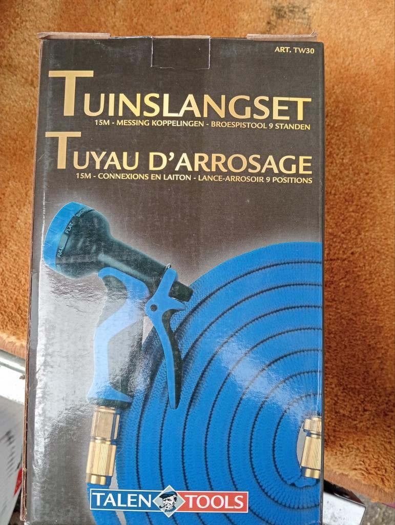Tuinslangset 15m met messing koppelingen en broespistool, Ophalen of Verzenden, Nieuw, Tuinslang