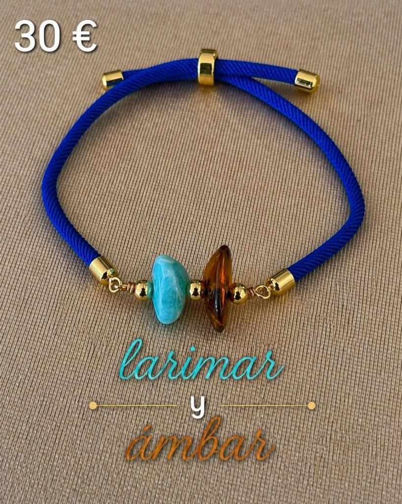 Larimar & Amber armband handgemaakt uniek rhodium, Ophalen of Verzenden, Nieuw, Blauw, Overige materialen