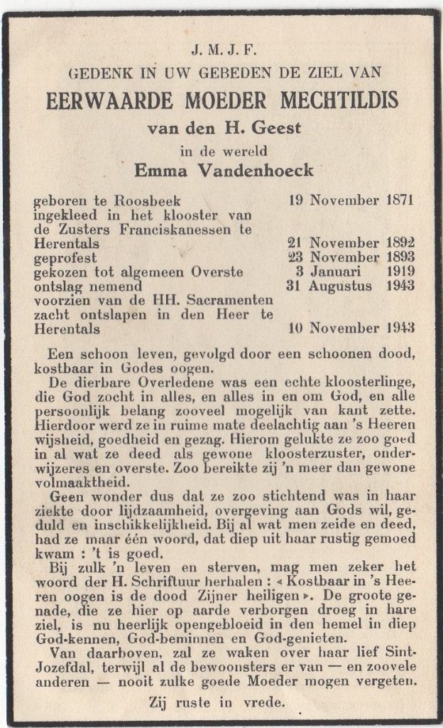 zr. Emma Vandenhoeck 1981 Roosbeek + 1943 Herentals, 71 jaar, Verzenden