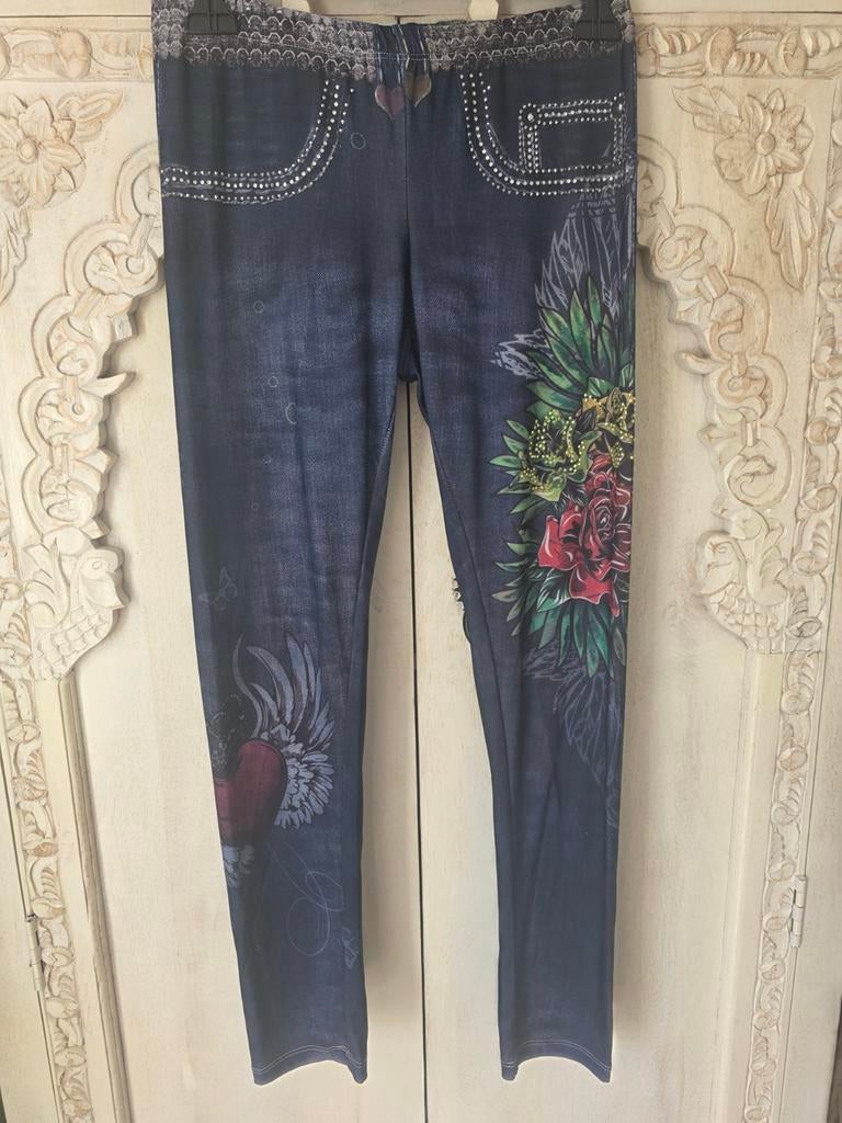 Donkerblauwe legging met bloemenprint, Legging, Blauw, Ophalen of Verzenden, Zo goed als nieuw