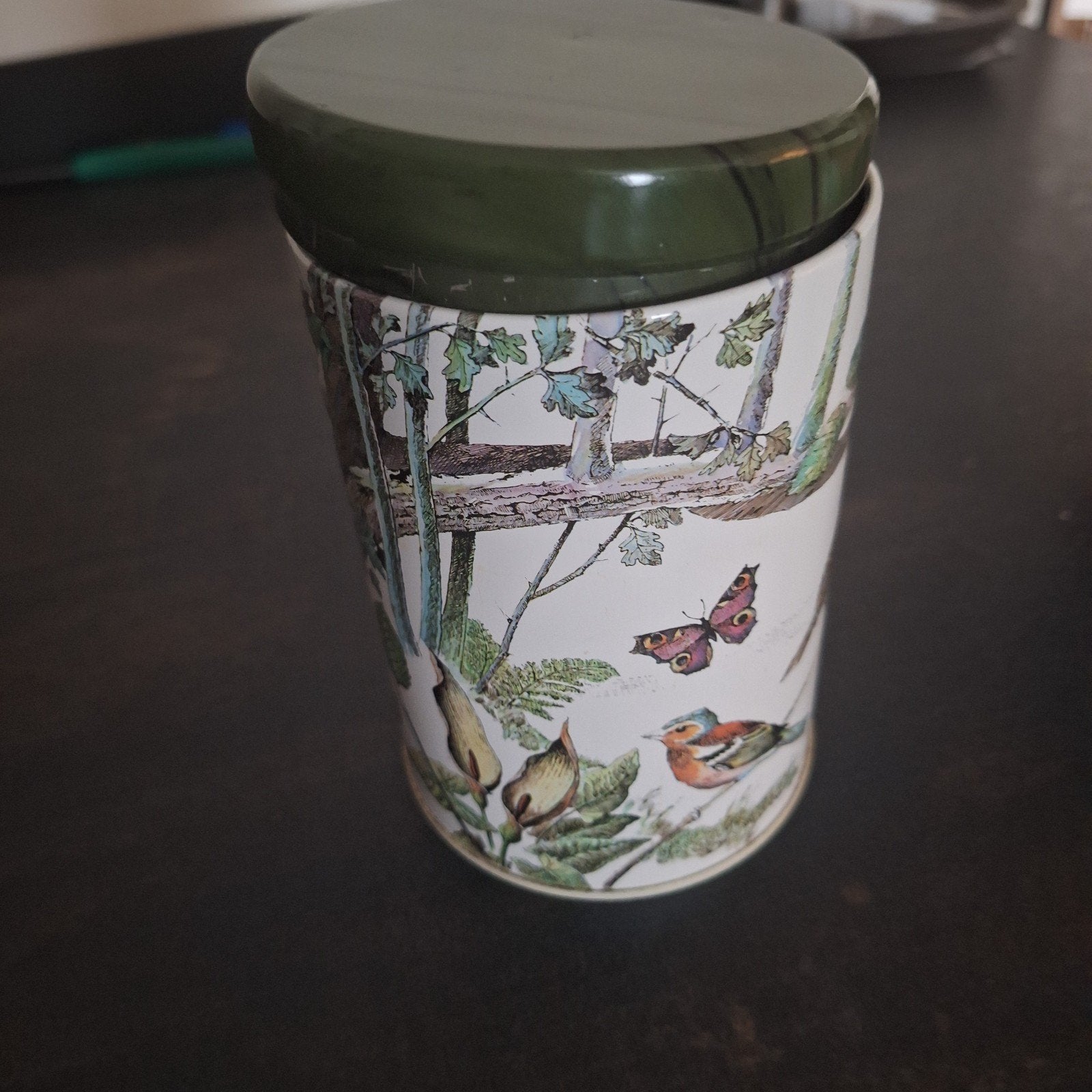 Vintage blik met natuurprint en vlinders, Ophalen of Verzenden