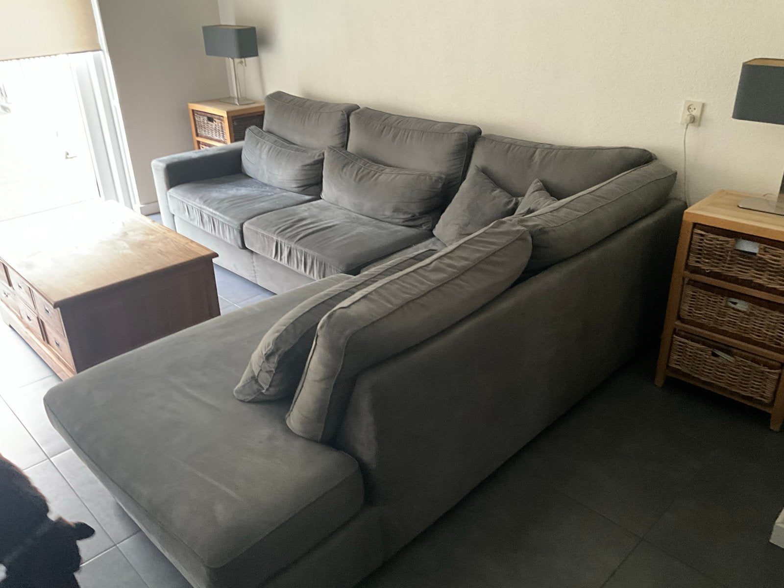 Grijze hoekbank direct beschikbaar, Ophalen, Hoekbank, 300 cm of meer, Zo goed als nieuw