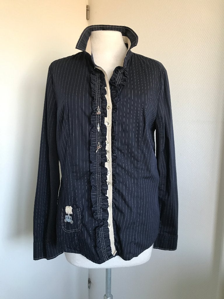 Bottega designer blouse krijtstreep blauw wit Maat M, Verzenden, Zo goed als nieuw, Maat 38/40 (M), Blauw