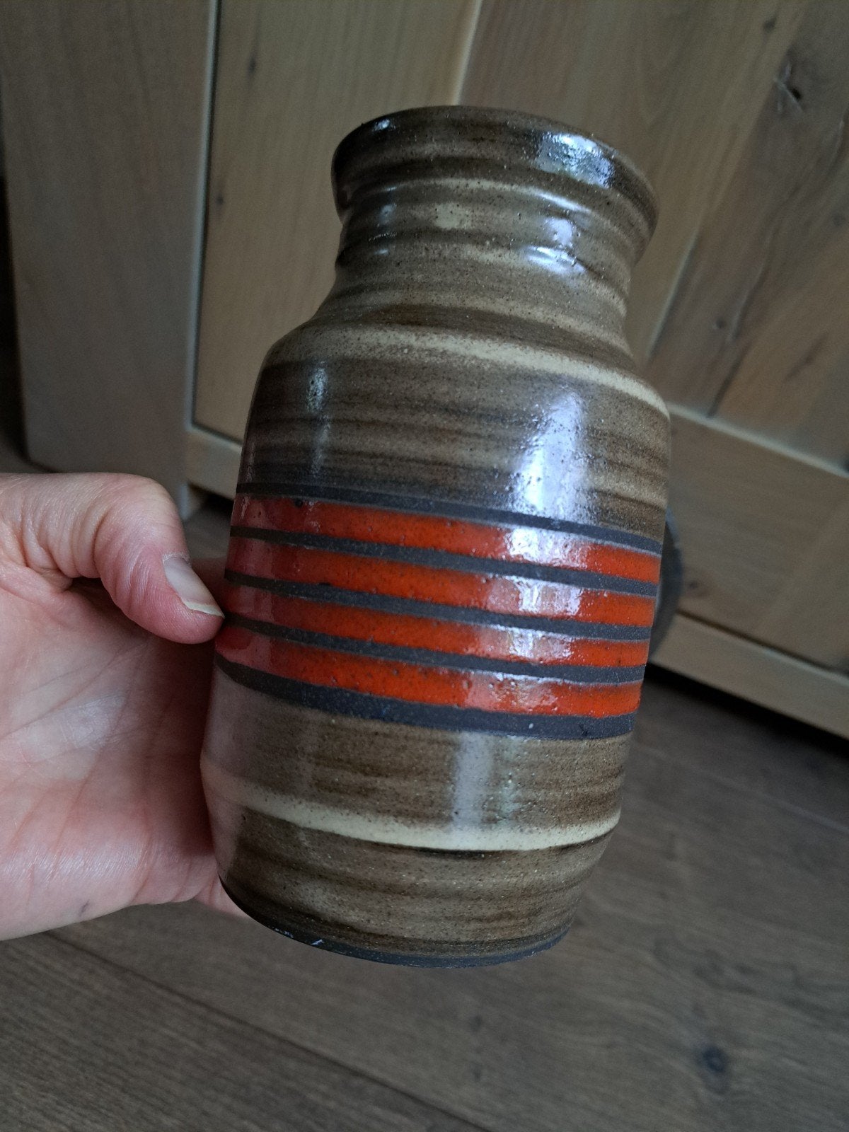 Keramieken vaas Scheurich '60/'70 bruin rood/oranje, Huis en Inrichting, Woonaccessoires | Vazen, Ophalen of Verzenden, Gebruikt