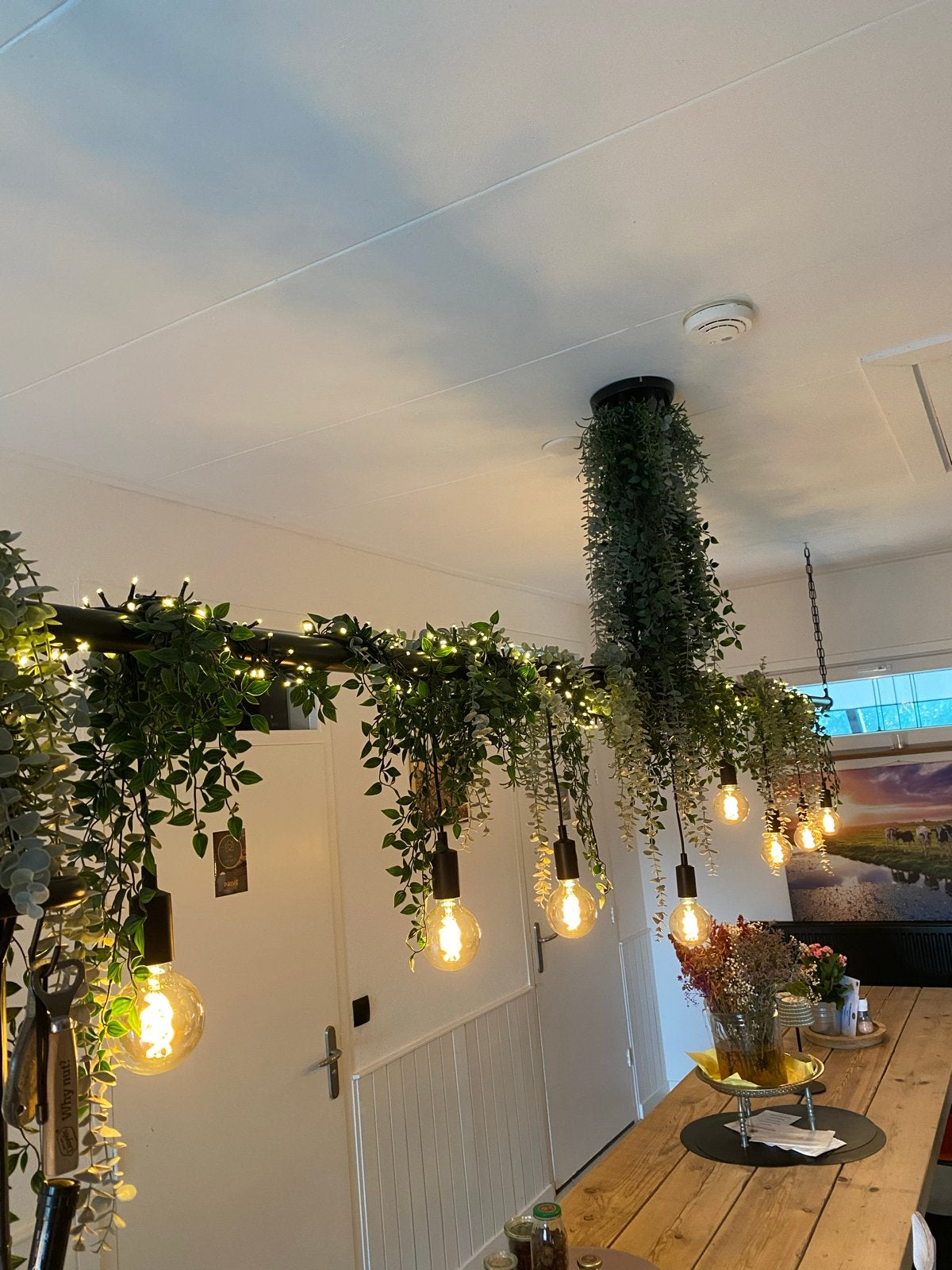 Industriële hanglamp met planten en 10 bollen, Huis en Inrichting, Lampen | Hanglampen, Ophalen, Zo goed als nieuw, Metaal, E27 (groot)