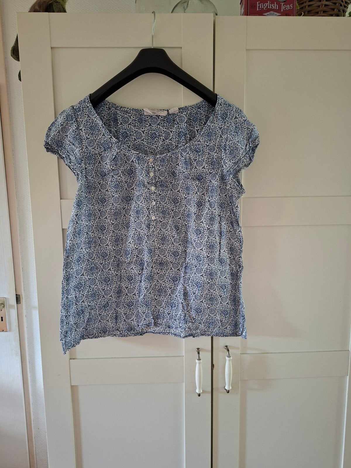Blauwe en witte blouse met korte mouwen, Blauw, Maat 46/48 (XL) of groter, Ophalen of Verzenden, Onbekend