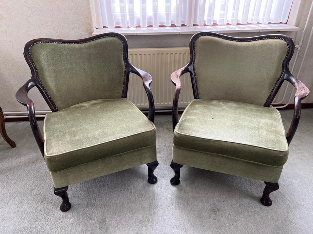 Set van twee antieke fauteuils met groene bekleding, Antiek en Kunst, Ophalen