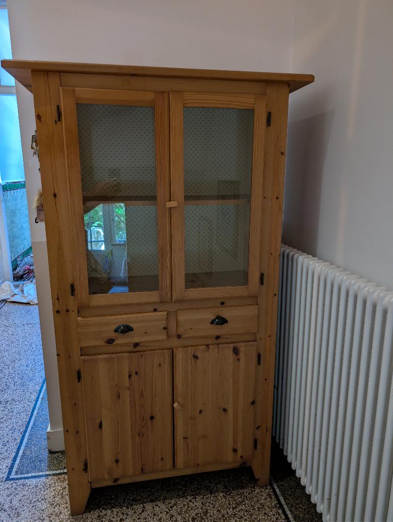 Vintage Ikea Leksvik solid pine glass-door hutch, Ophalen, Gebruikt, Met deur(en), 150 tot 200 cm