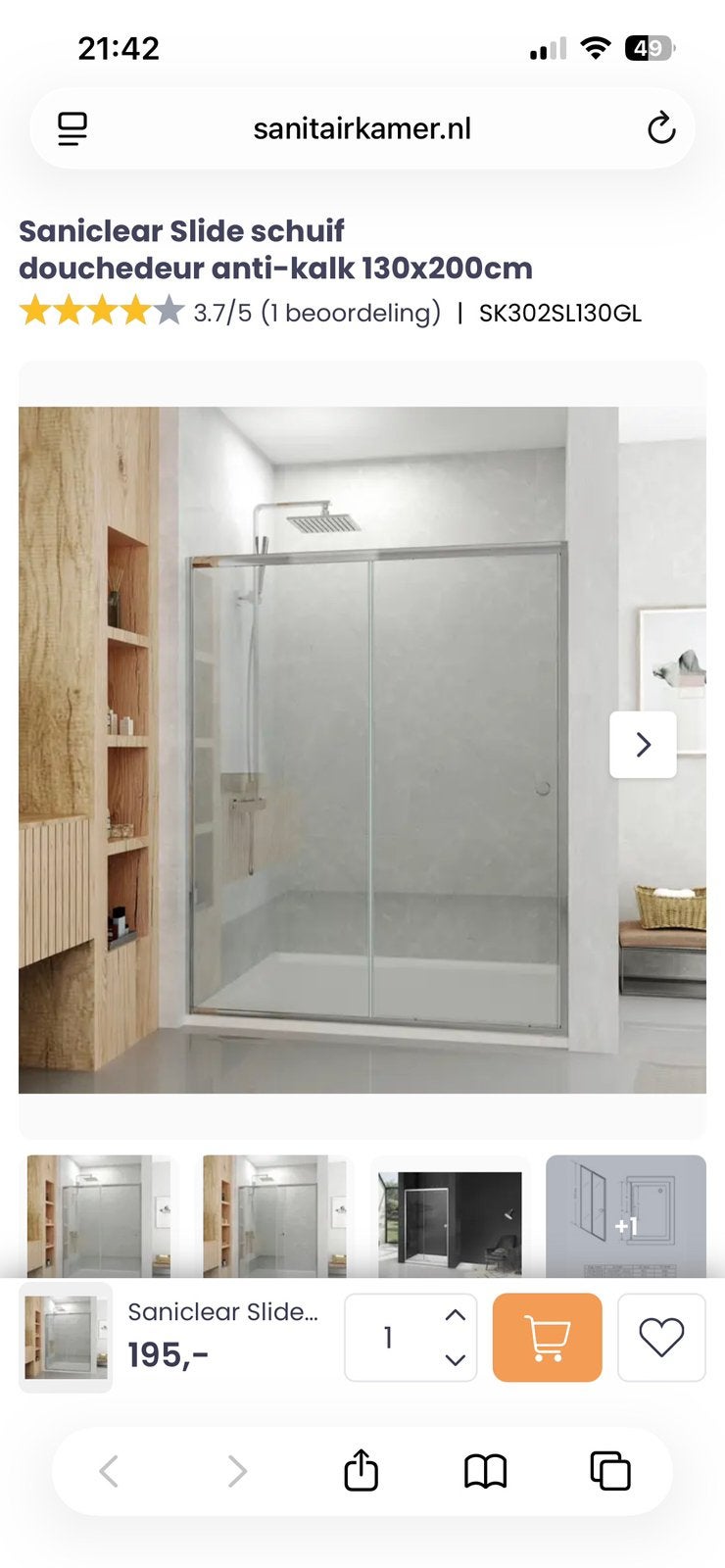 Saniclear douche schuif deur anti kalk 130/200, Ophalen, Zo goed als nieuw