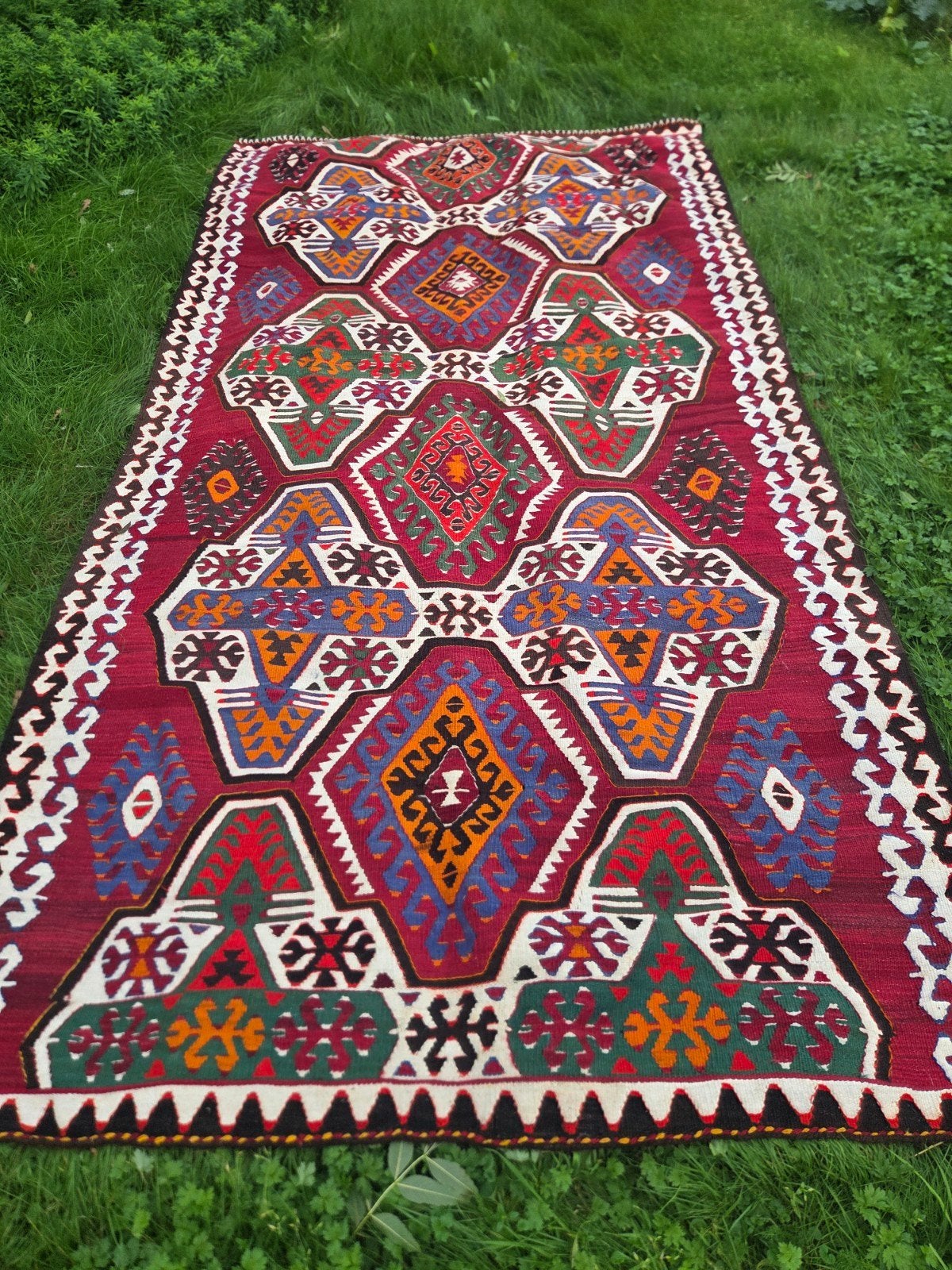 Groot handgeknoopt kelim tapijt - Rood met kleurrijk patroon, Gebruikt, 100 tot 150 cm, Blauw, 200 cm of meer