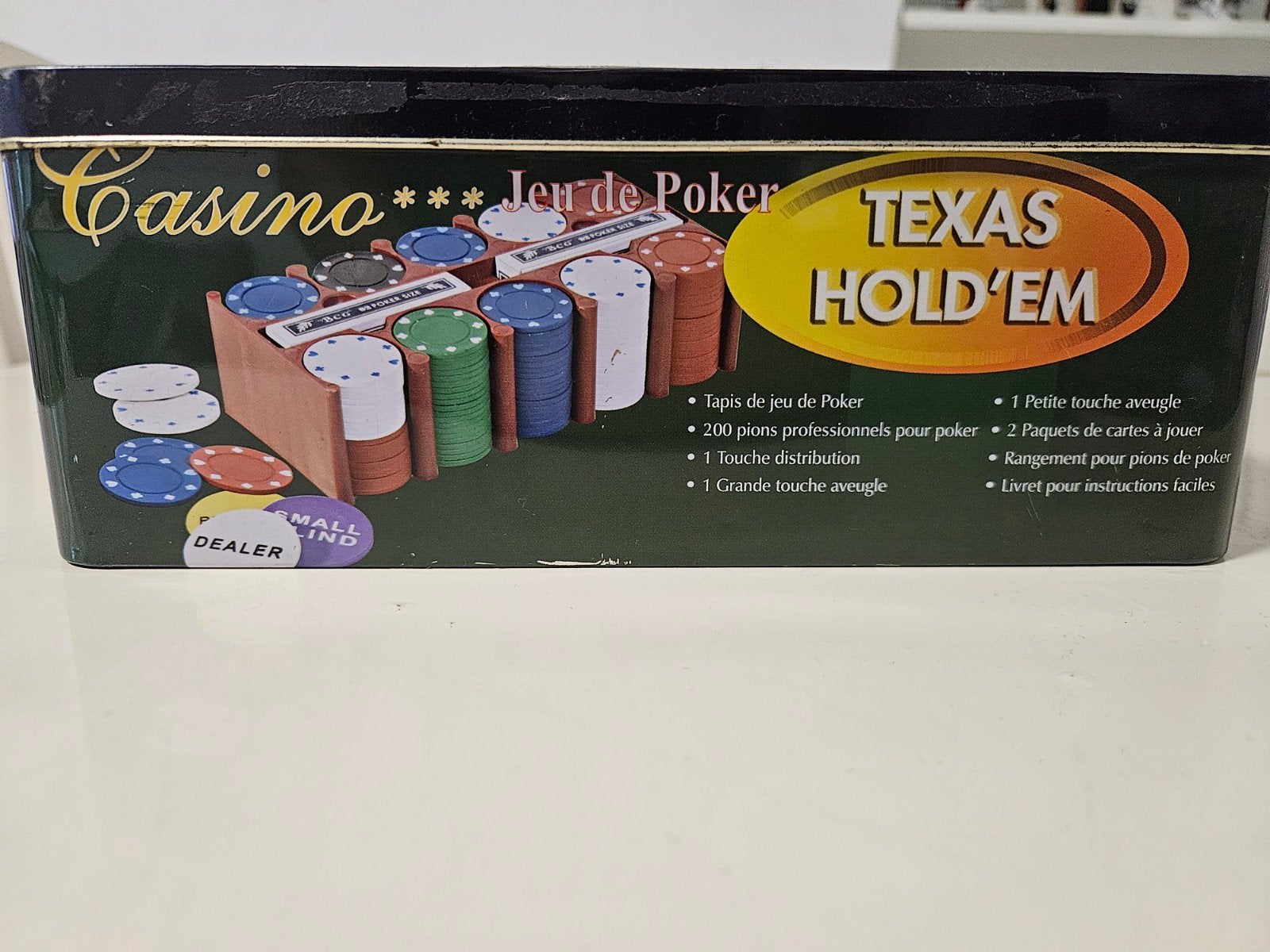 Texas Hold'em Poker Set in blikken doos, Drie of vier spelers, Ophalen of Verzenden, Gebruikt, Casino