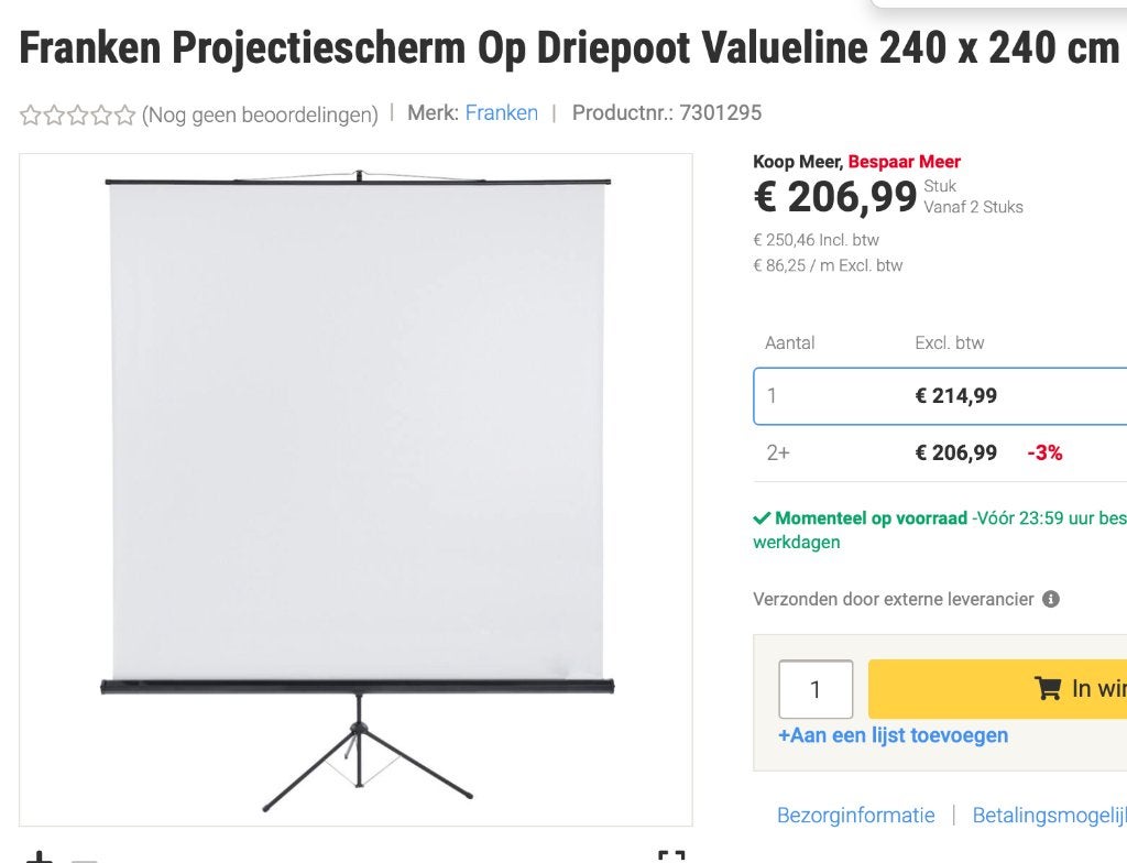 Projectiescherm op driepoot 240x240 merk Franken Valueline, Ophalen, Handmatig, Nieuw