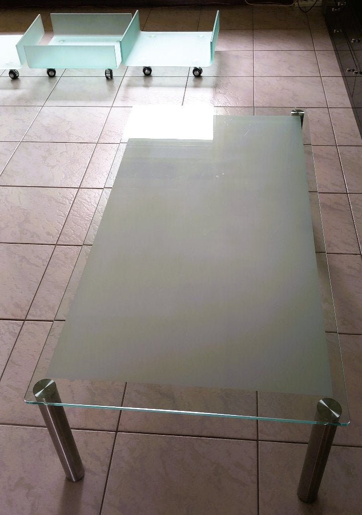 €75 – set Moderne salontafel + 3 lectuurbakken (saliegroen), Ophalen, Gebruikt, 50 tot 100 cm, 50 tot 100 cm