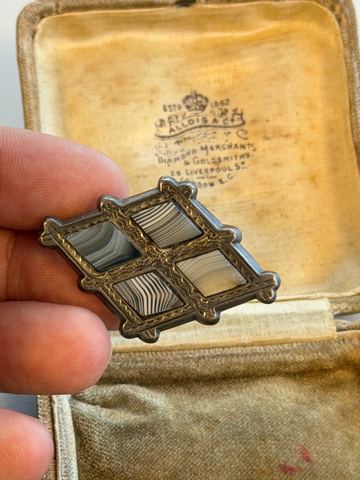 Antieke Victoriaanse Schotse Agaat Broche Zilver 4,5cm Etui, Sieraden, Tassen en Uiterlijk, Antieke sieraden, Ophalen of Verzenden