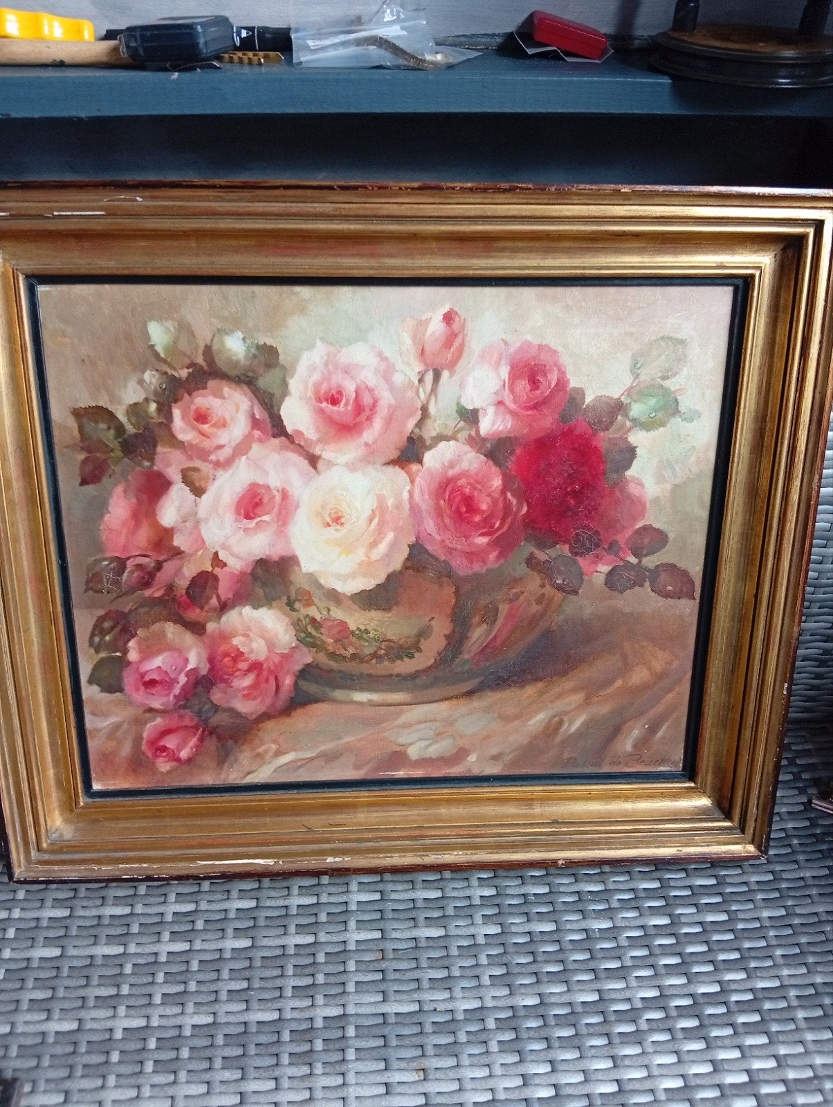 Olieverfschilderij Rozenstilleven gesigneerd, Ophalen of Verzenden