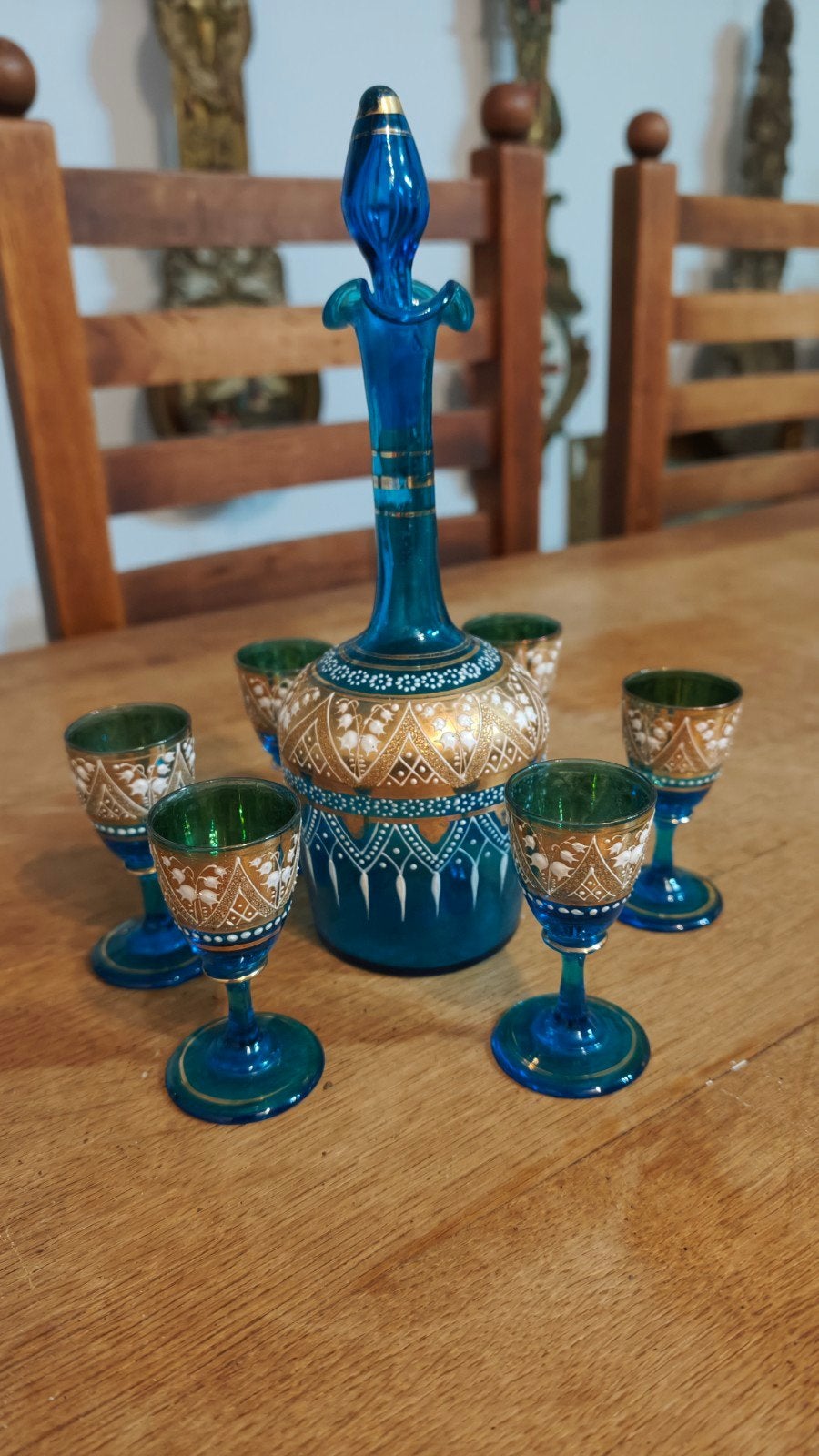 Antieke likeurset met bladgoud en lelietjes-van-dalen decor, Ophalen of Verzenden