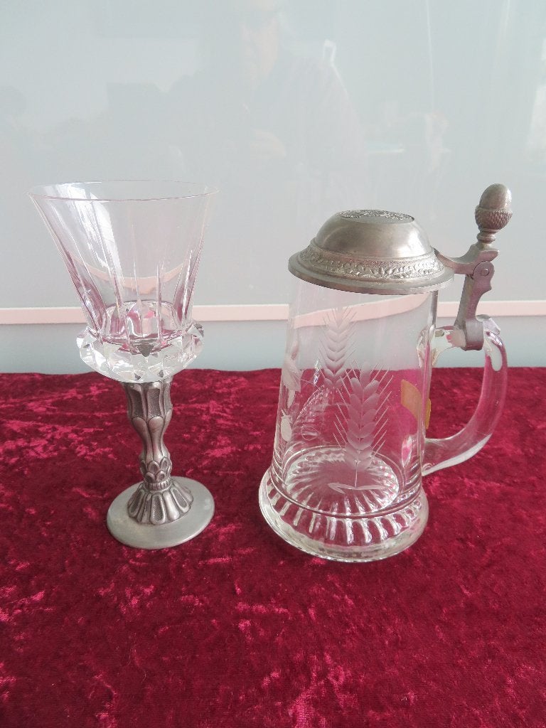 2 oude GLAZEN met TIN zie foto´s, Ophalen of Verzenden