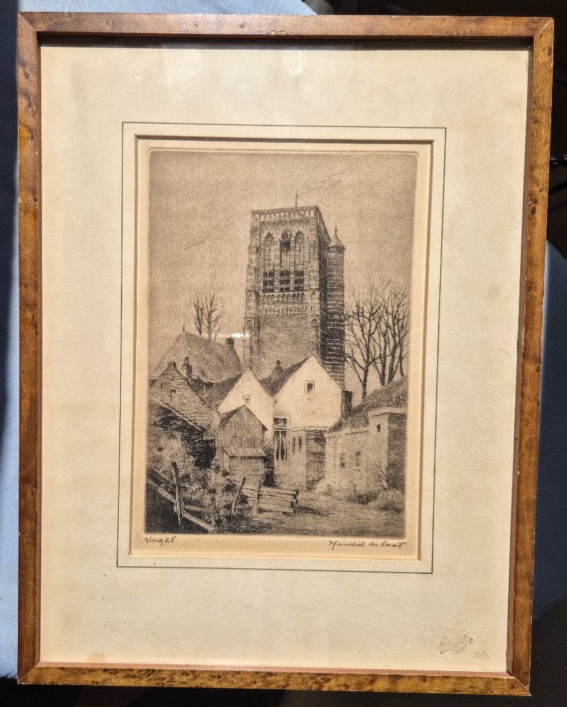 Hendrik de Laat, Vught toren ~1930, ets, orgineel, Ets, Stadsgezicht, Ophalen of Verzenden, Ingelijst