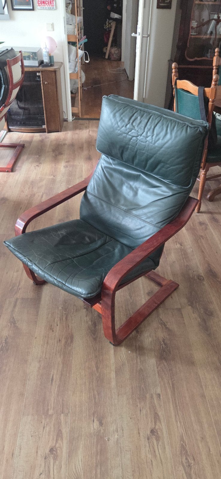Ikea Poang Fauteuil met groene leren kussens., Huis en Inrichting, Ophalen, Gebruikt, Eén, Leer