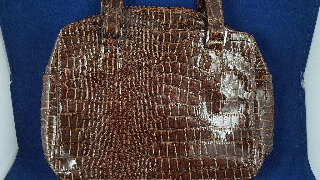 Vintage look handtas, lak leer, krokodillenleer stijl. 5B6, Tweedehands verkoop, Tweedehands verkoop, Gebruikt, Bruin