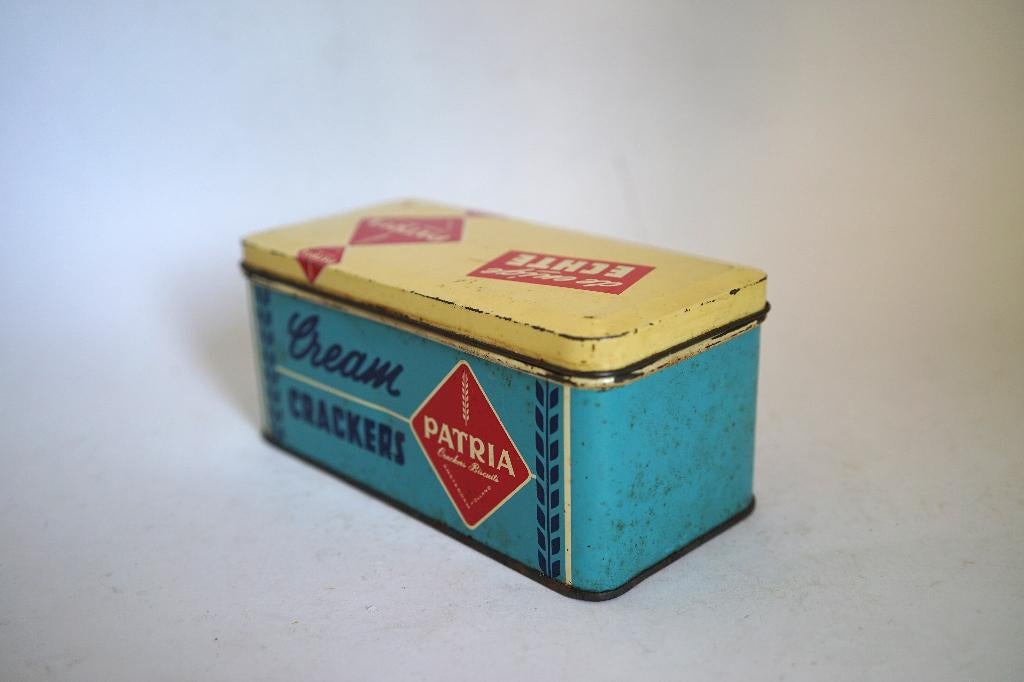 Vintage blik Patria cream crackers De enige echte blauw geel, Ophalen of Verzenden, Gebruikt, Overige, Overige merken