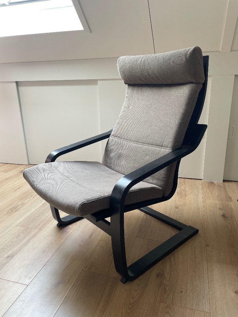Zwarte fauteuil Ikea Poäng met bruine hoes, Gebruikt, 75 tot 100 cm, Ophalen of Verzenden, 50 tot 75 cm