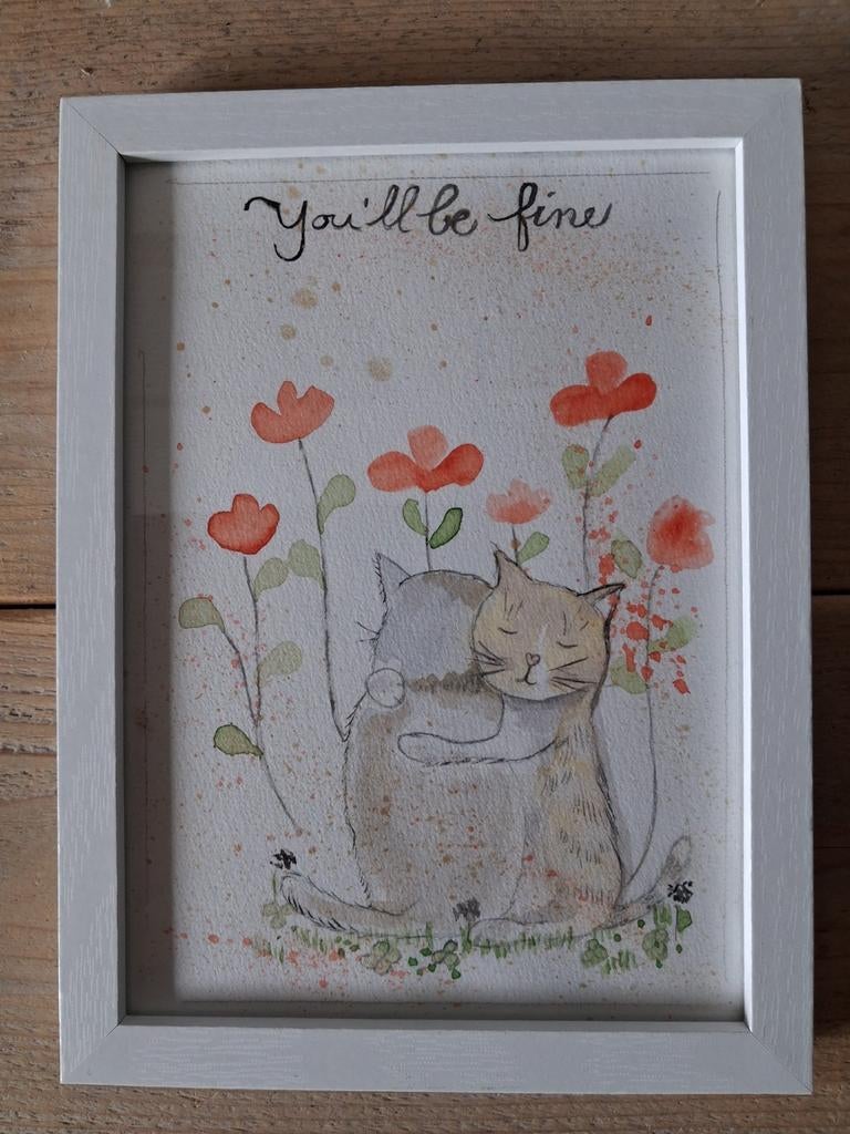 Aquarel schilderij: Slapende katten met bloemen, 15x20 cm, Ophalen of Verzenden