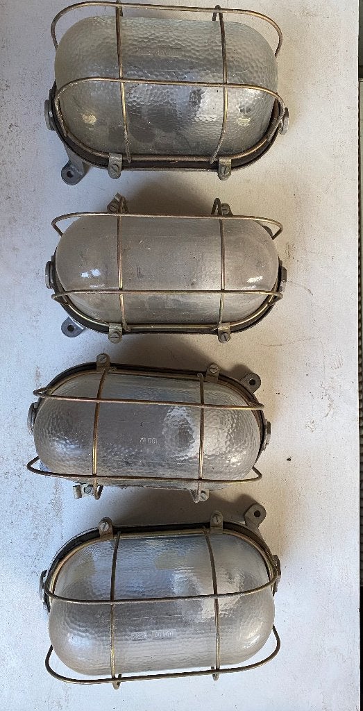 4 vintage industriële kooilampen – glas & metaal, Gebruikt, Vintage industrieel, Glas, E27 (groot)