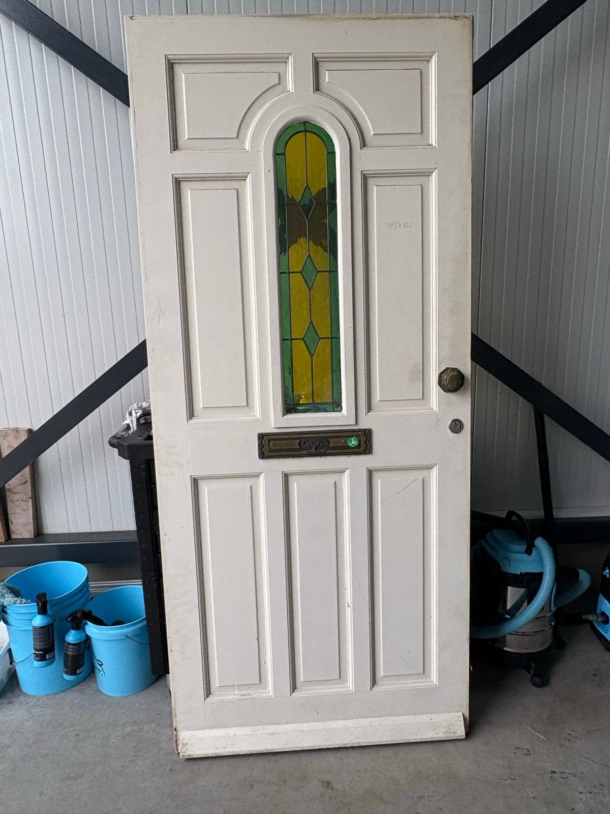 Antieke Buitendeur met Glas-in-lood en Brievenbus, Ophalen, Gebruikt, 80 tot 100 cm, Buitendeur